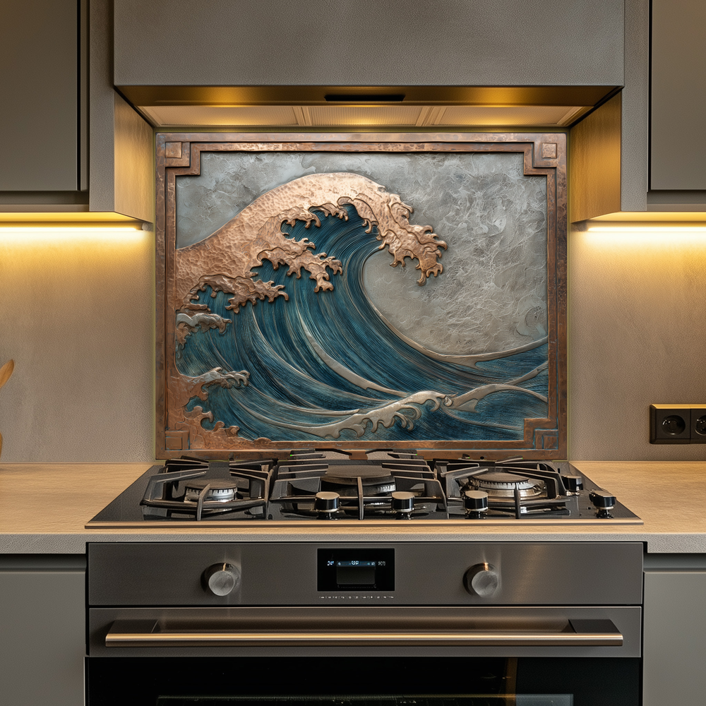 Copper Look Ocean Wave Glass Backsplash • Coastal Wall Art Panel • Artistic Blue Water Kitchen Decor • Textured Inspired Ocean Tile