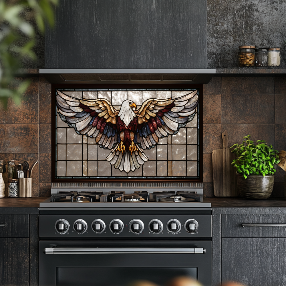 Stained Glass Style Eagle Glass Backsplash Panel, UV Printed Tempered Kitchen Wall Art, Nature Inspired Theme Decorative Glass Tile