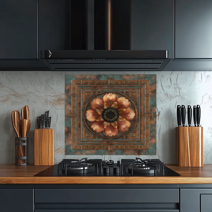 Floral Copper Look Kitchen Backsplash, Pattern Tile One Piece Tempered Glass Kitchen Splashback For Stove Behind