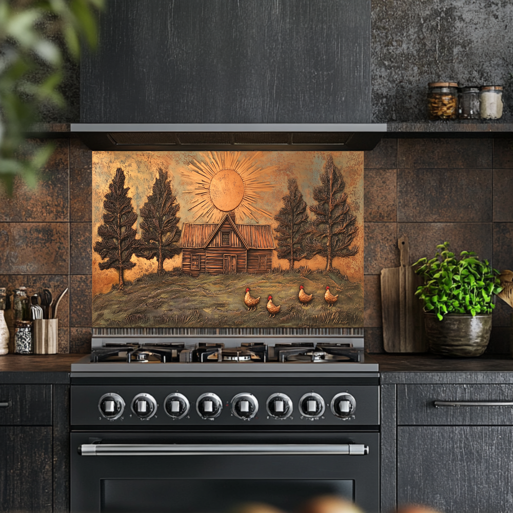 Copper Look Nature and Roosters Landscape Glass Backsplash • Rustic Wall Art Panel • Peaceful Home Decor • Decorative Tile for Stove Behind