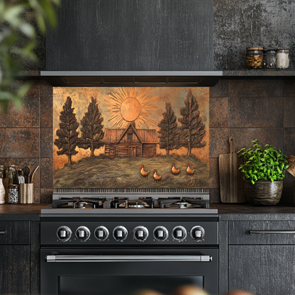 Copper Look Nature and Roosters Landscape Glass Backsplash • Rustic Wall Art Panel • Peaceful Home Decor • Decorative Tile for Stove Behind