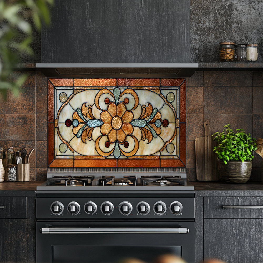 Floral Stained Look Glass Style Backsplash Panel, Tempered Glass Wall Art, Timeless Color Design, Elegant Kitchen Decor, Stove Protector