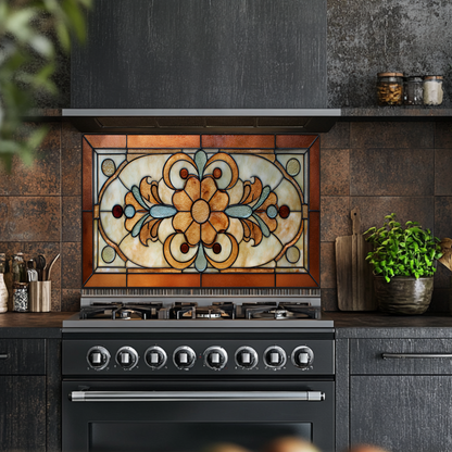Floral Stained Look Glass Style Backsplash Panel, Tempered Glass Wall Art, Timeless Color Design, Elegant Kitchen Decor, Stove Protector