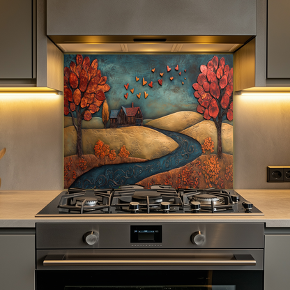Romantic House Landscape with Hearts Printed Tempered Glass Kitchen Backsplash Splashback or Wall Art Panel for Cozy Home Decor