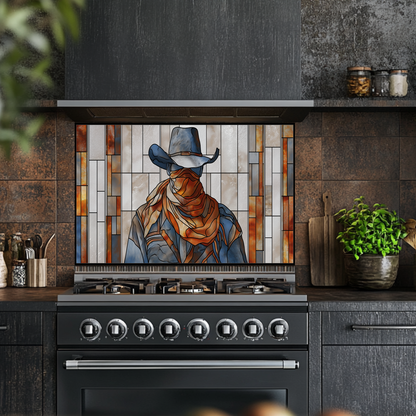 Stained Glass Style Western Cowboy Glass Backsplash Panel, UV Printed Tempered Kitchen Wall Art, Rustic Western Home Decor