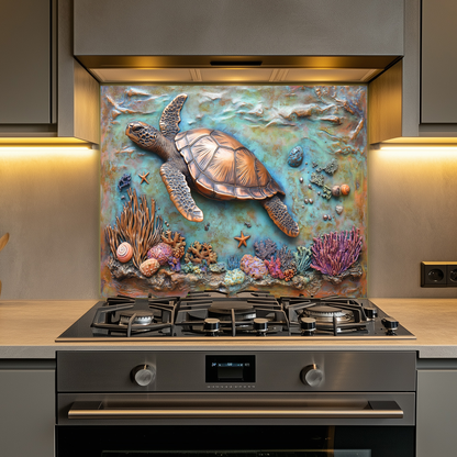 Copper Embossed Look Sea Turtle Glass Backsplash • Coastal Kitchen Panel • Artistic Ocean Texture • Nautical Decorative Panel