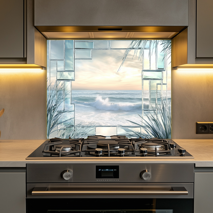 Ocean Landscape Scene Printed Tempered Glass Kitchen Backsplash Splashback Decorative Wall Art Panel for Modern Coastal Home Decor