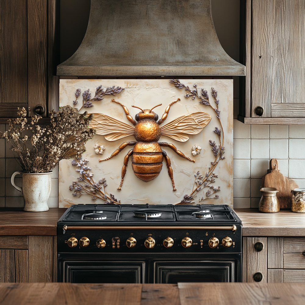 One Piece Tempered Glass Kitchen Splashback For Stove Behind, Copper Bee Look Backsplash