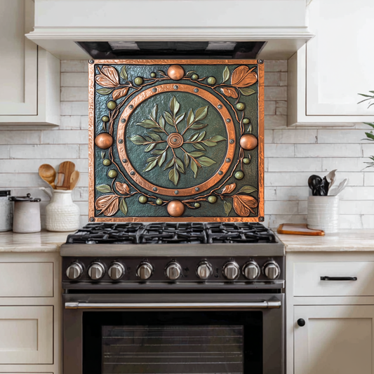 Copper Look Olive Leaves One Piece Tempered Glass Kitchen Splashback For Stove Behind, Kitchen Backsplash, Wall Art