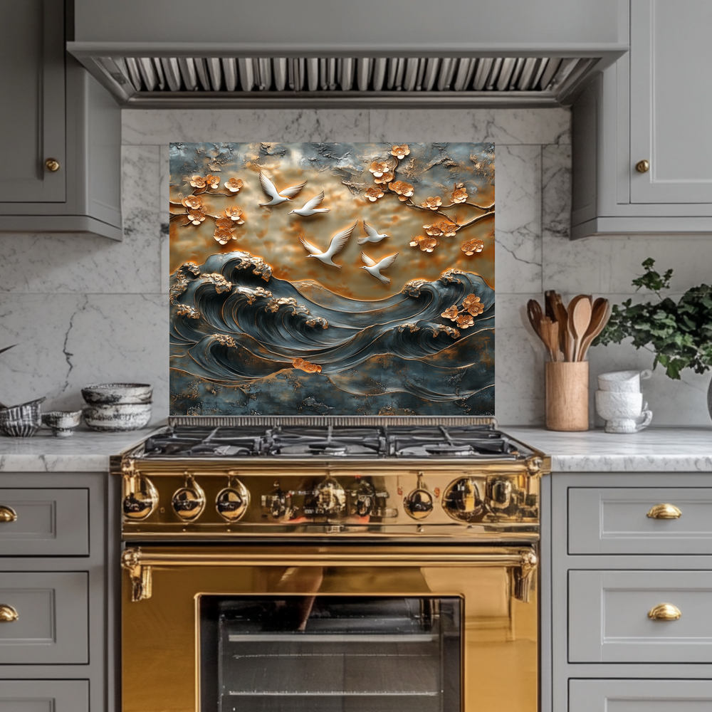 Waves and Pigeons Prints One Piece Tempered Glass Kitchen Splashback For Stove Behind, Kitchen Backsplash, Wall Art