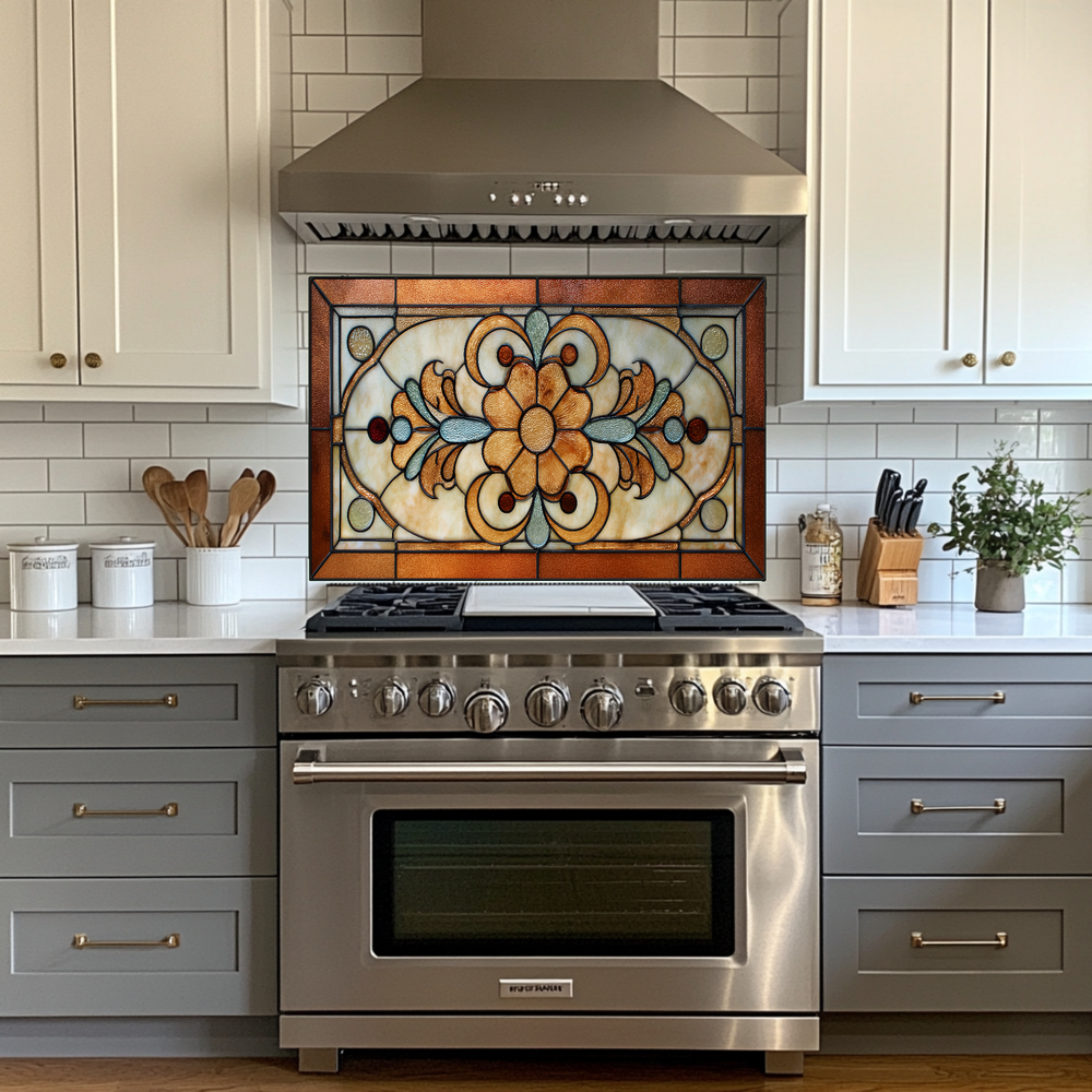 Floral Stained Look Glass Style Backsplash Panel, Tempered Glass Wall Art, Timeless Color Design, Elegant Kitchen Decor, Stove Protector
