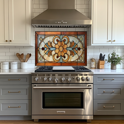 Floral Stained Look Glass Style Backsplash Panel, Tempered Glass Wall Art, Timeless Color Design, Elegant Kitchen Decor, Stove Protector