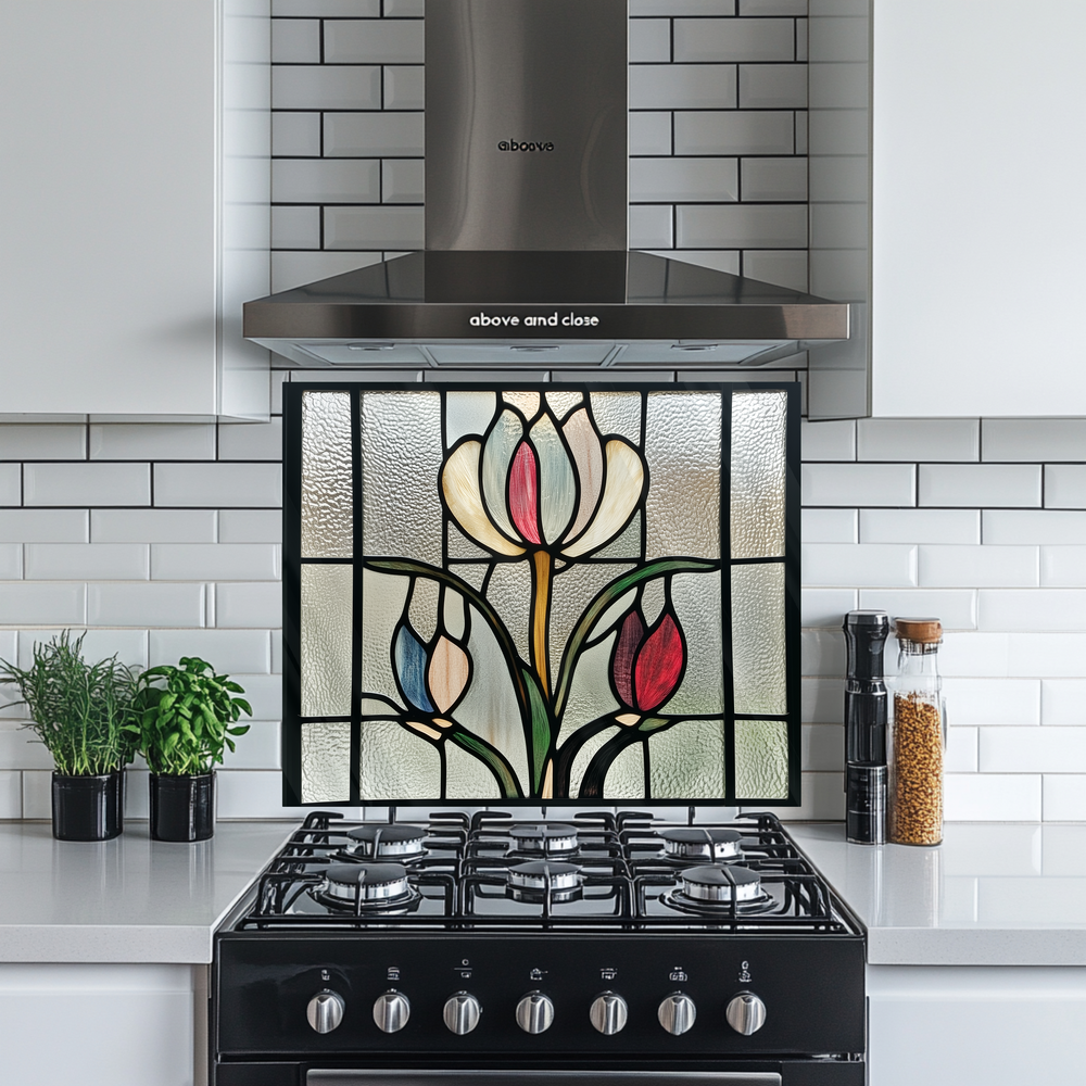 Tulips Stained Glass Look One Piece Tempered Glass Kitchen Splashback For Stove Behind, Kitchen Backsplash, Kitchen Backsplash, Wall Art