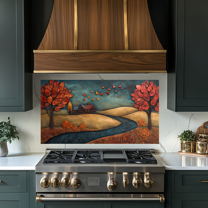 Romantic House Landscape with Hearts Printed Tempered Glass Kitchen Backsplash Splashback or Wall Art Panel for Cozy Home Decor