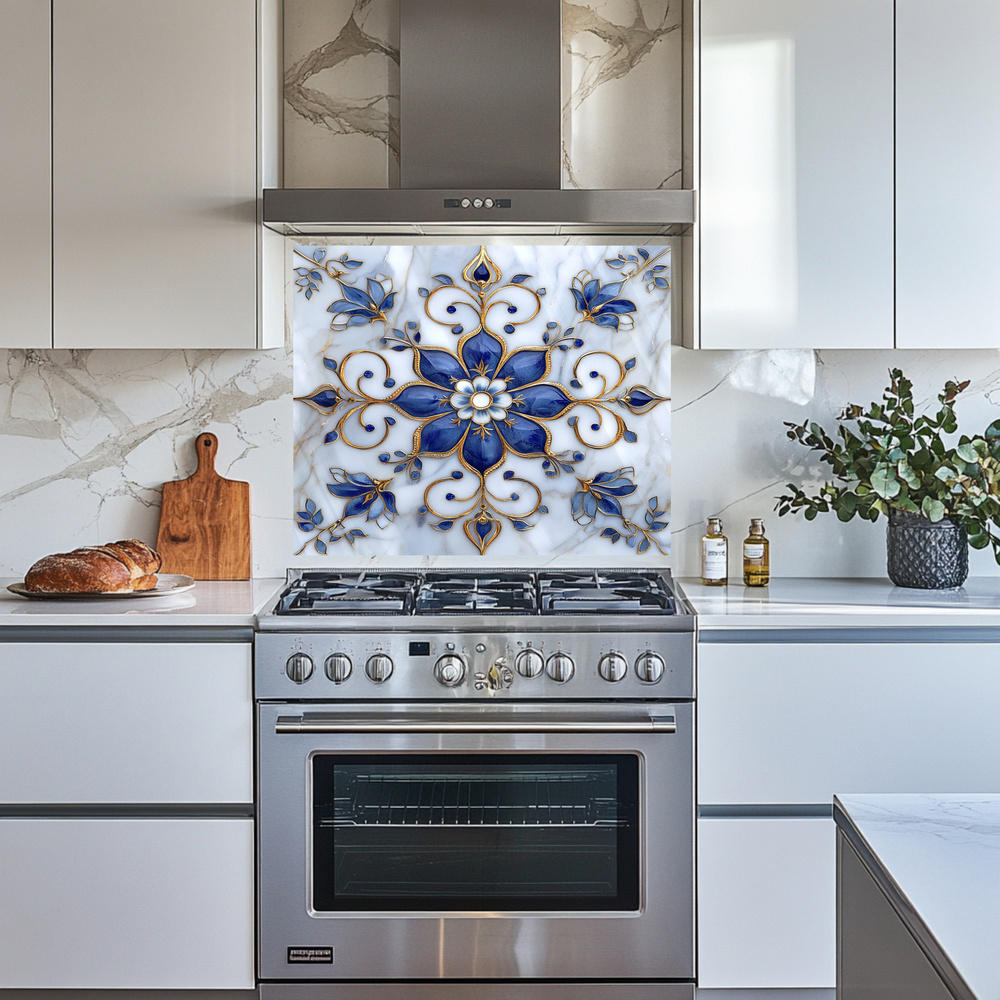 Blue Pattern Marble Look One Piece Tempered Glass Kitchen Splashback For Stove Behind, Kitchen Backsplash, Kitchen Backsplash, Wall Art