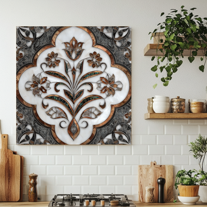 Ottoman Pattern on Marble Print Background Glass Backsplash for Kitchen Stove, Custom Wall Art, Heat-Resistant Kitchen Decor