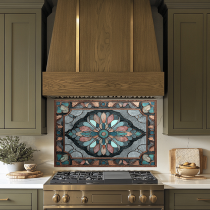 Ottoman Pattern on Marble Print Background Glass Backsplash for Kitchen Stove, Custom Wall Art, Heat-Resistant Kitchen Decor