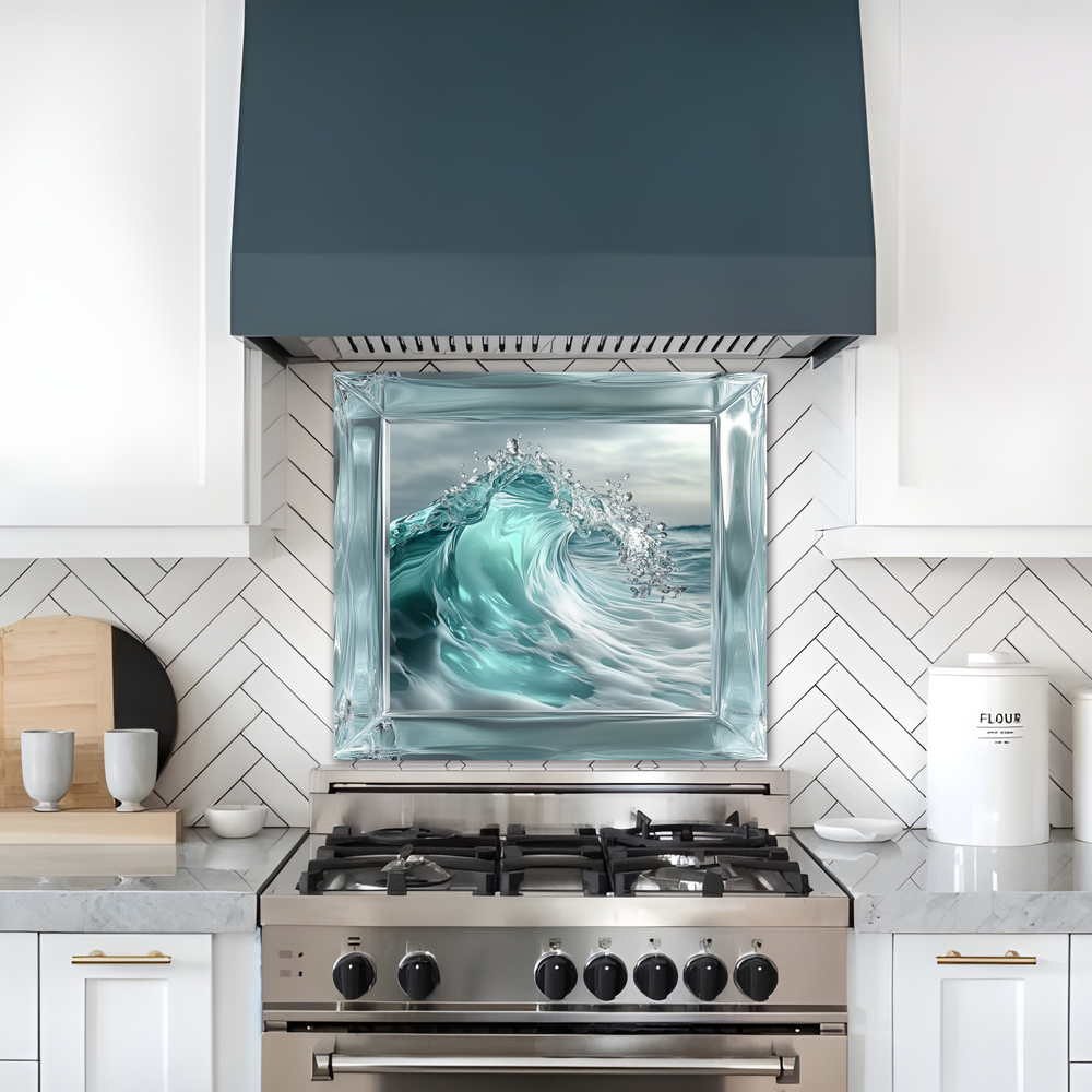 Ocean Wave Framed Look One Piece Tempered Glass Kitchen Backsplash for Stove Behind, Kitchen Splashback, Glass Wall Art