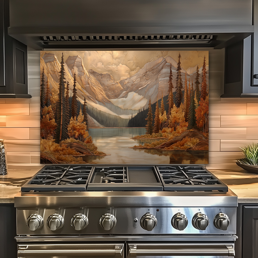 Handmade in USA Pine Tree and Mountain Glass Backsplash, Tempered Glass Splashback and Stove Behind Top Cover, Kitchen Sink Cover