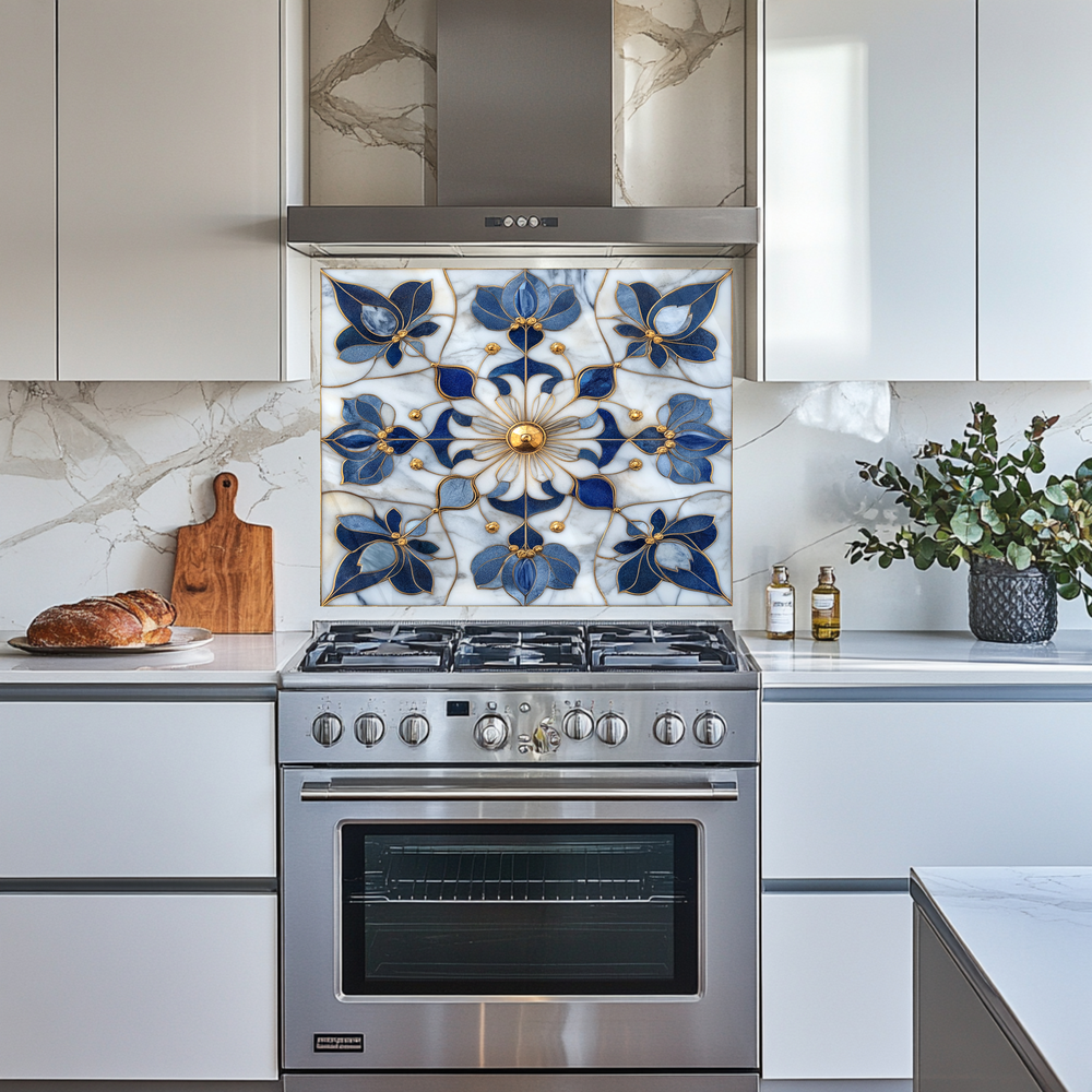 Blue&Gold Pattern Marble Look One Piece Tempered Glass Kitchen Splashback For Stove Behind, Kitchen Backsplash, Kitchen Backsplash, Wall Art