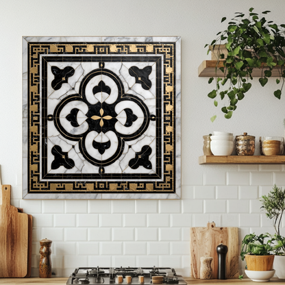 Ottoman Pattern on Marble Print Background Glass Backsplash for Kitchen Stove, Custom Wall Art, Heat-Resistant Kitchen Decor