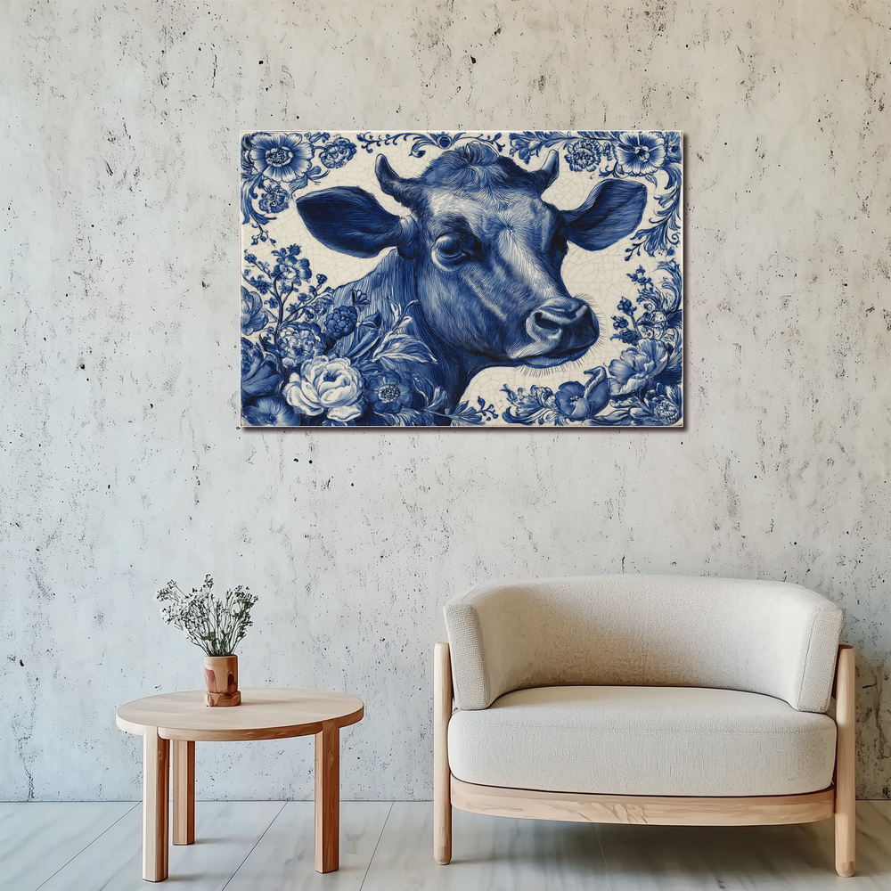 Delft Blue Cow Glass Backsplash Panel, Tempered Glass Wall Art, Dutch Farmhouse Kitchen Decor, Cow Pattern Tile, Rustic Animal Wall Panel