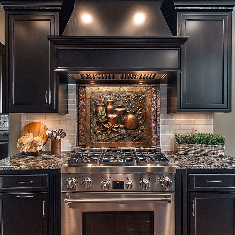 Copper Look Spice Bottles Print One Piece Tempered Glass Kitchen Splashback For Stove Behind, Kitchen Backsplash, Wall Art