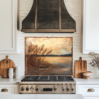 Copper Relief Look Reeds One Piece Tempered Glass Kitchen Splashback For Stove Behind, Kitchen Backsplash, Wall Art