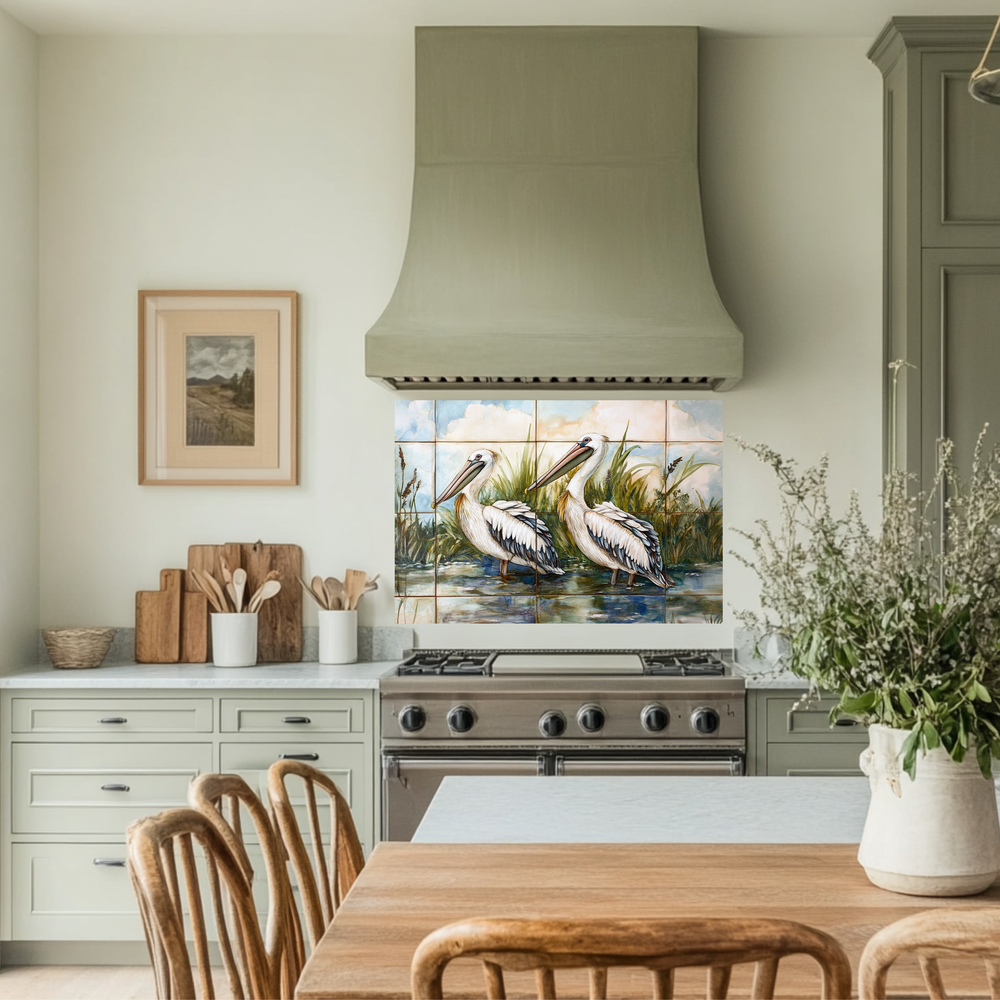 Two Pelican Prints One Piece Tempered Glass Kitchen Splashback For Stove Behind, Kitchen Backsplash, Wall Art