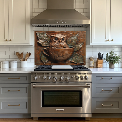 Rustic Owl Copper Look Glass Backsplash Panel, Embossed Style Owl Print on Tempered Glass Wall Art, Artistic Kitchen Splashback