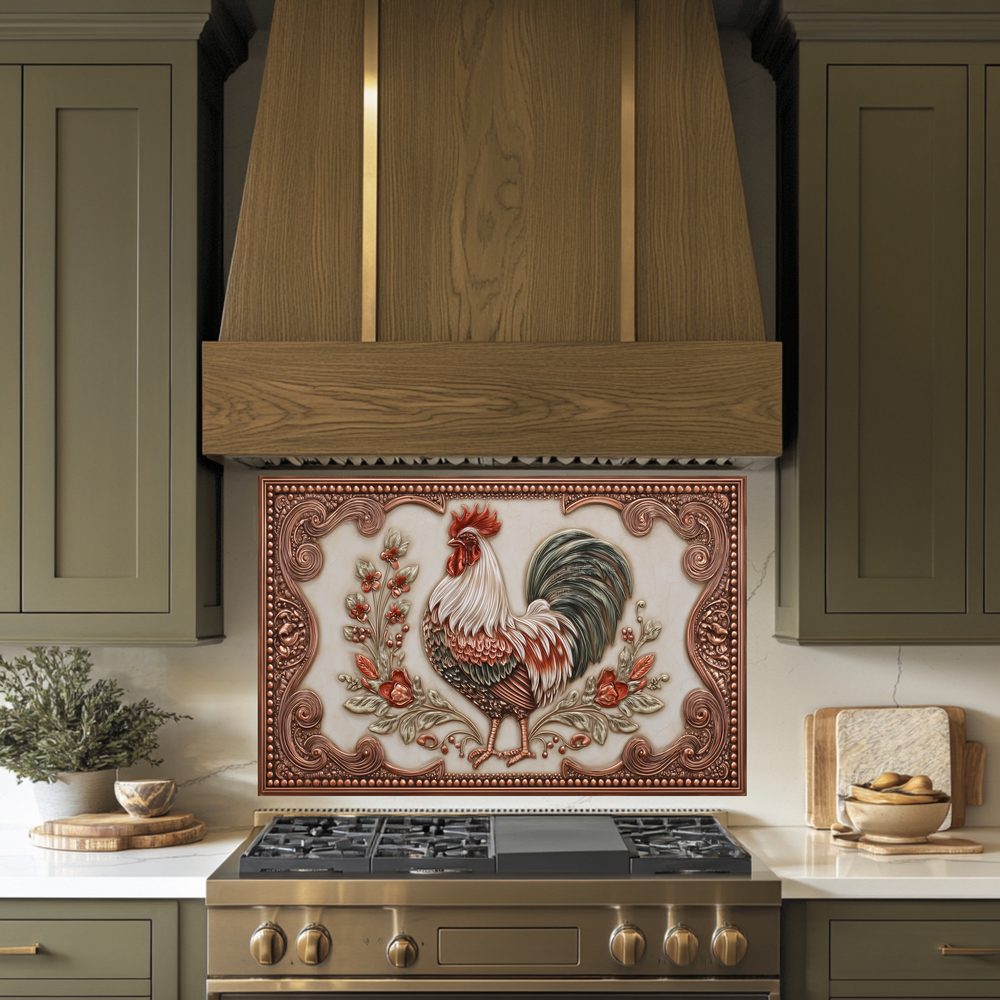 Copper Embossed Mediterranean Rooster Glass Backsplash • Rustic Kitchen Panel • Artistic Farmhouse Tile Design • Traditional Wall Piece
