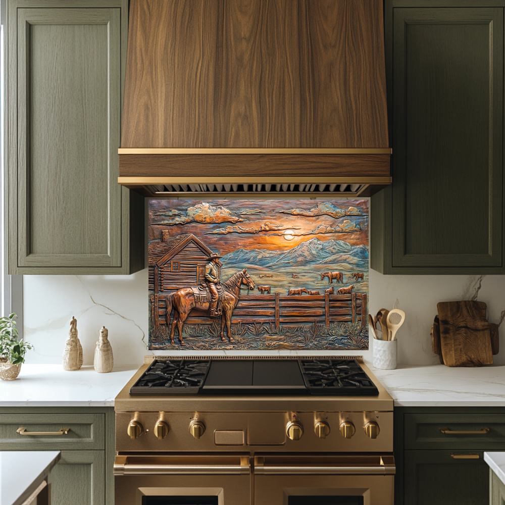 Copper Look Farm House One Piece Tempered Glass Kitchen Splashback For Stove Behind, Kitchen Backsplash, Wall Art