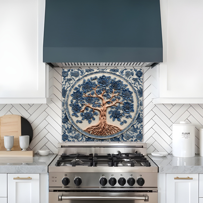 Delft Blue Tree of Life Kitchen Glass Backsplash • Stove Behind Cover • Nature Inspired Kitchen Splashback Panel • Colorful Home Decor