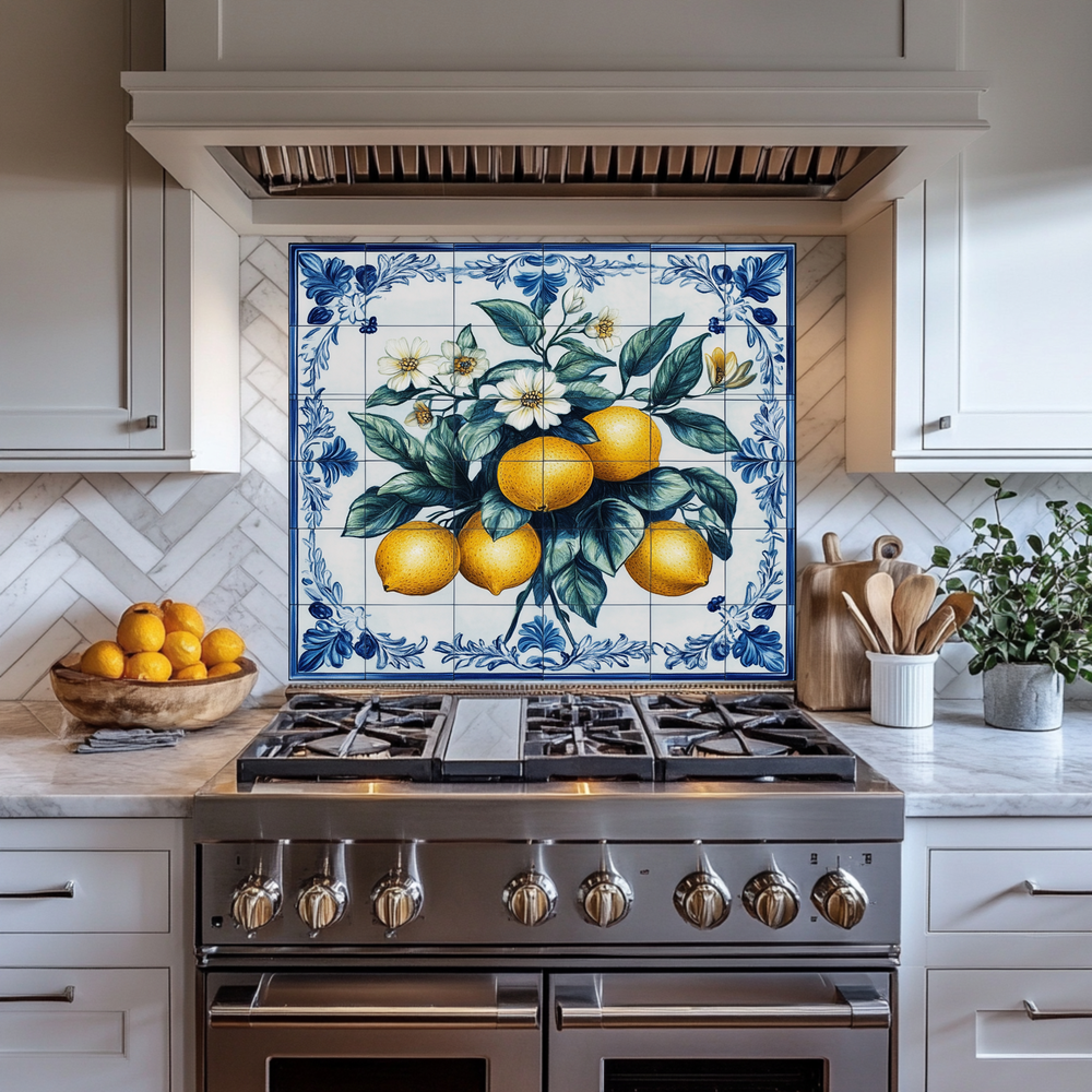 Lemon Branches One Piece Tempered Glass Kitchen Splashback For Stove Behind, Kitchen Backsplash, Wall Art