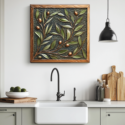 Copper Look Olive Branches One Piece Tempered Glass Kitchen Splashback For Stove Behind, Kitchen Backsplash, Wall Art