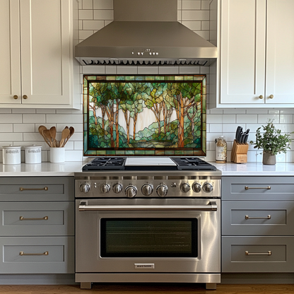Stained Glass Look Forest Backsplash, Woodland Tree Scene Printed on Tempered Glass, Nature Inspired Kitchen Wall Art Panel