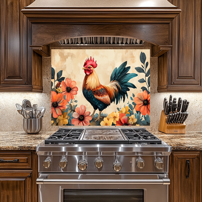 Rustic Colorful Rooster Glass Backsplash • Farmhouse Kitchen Panel • Vibrant Wall Art • Modern Home Decor • Decorative Kitchen Accent