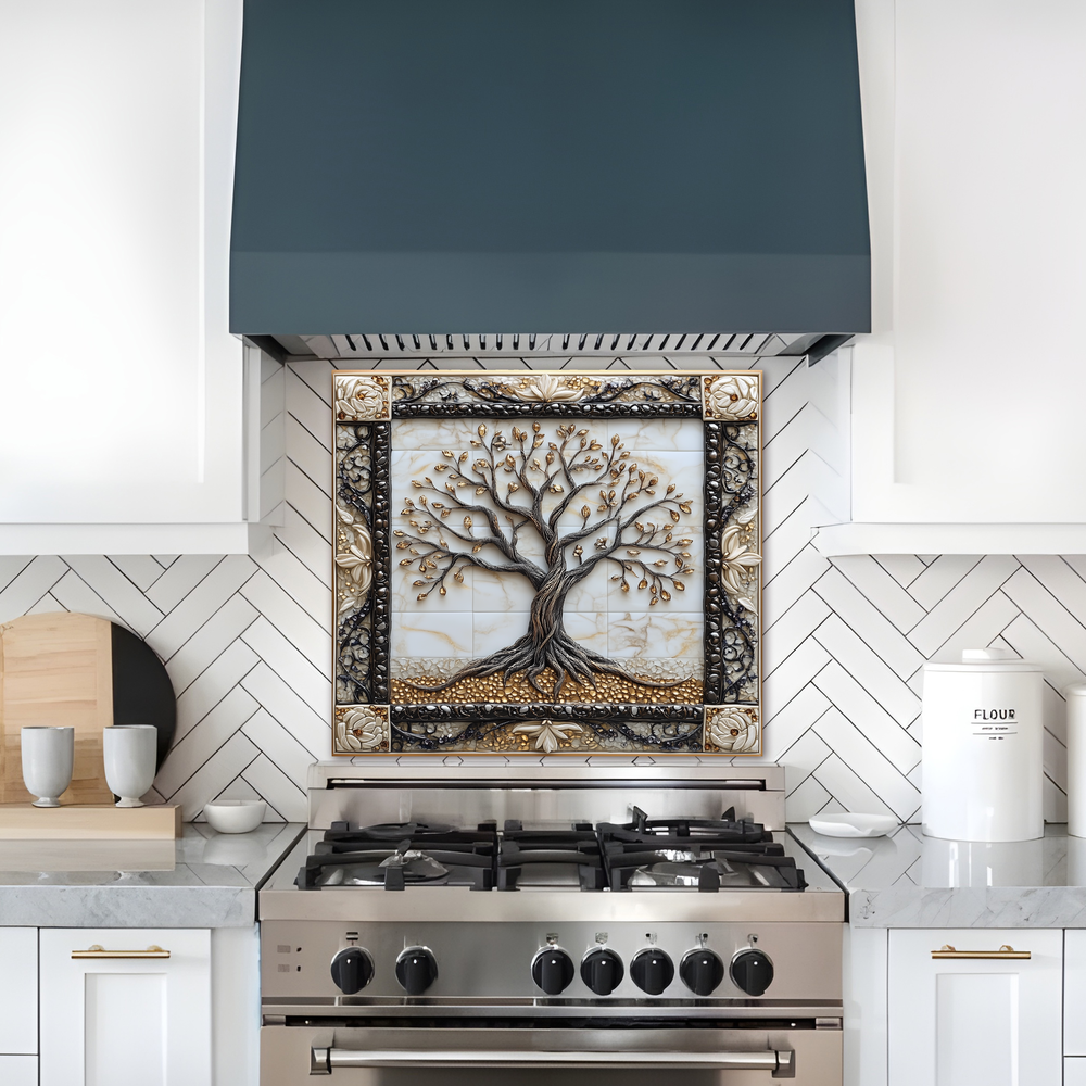 Attractive Life of Tree Framed Look One Piece Tempered Glass Kitchen Backsplash for Stove Behind, Kitchen Splashback, Glass Wall Art