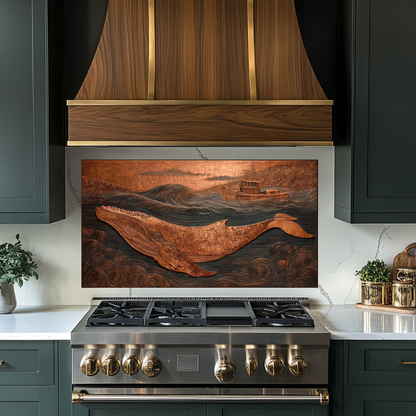 Copper Embossed Look Whale Under Northern Lights Printed Glass Backsplash | Ocean Art Tempered Glass Kitchen Wall Panel,Modern Coastal Decor
