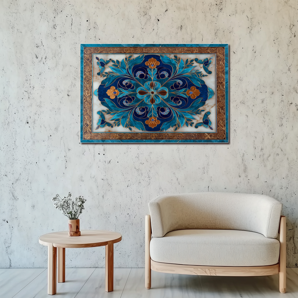 Blue Traditional Glass Backsplash Panel for Kitchen, Tempered Glass Wall Art, Classic Tile Pattern Decor