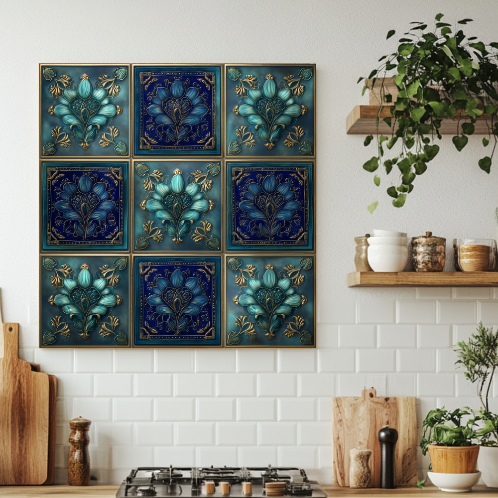 Glass Backsplash, Pattern Tile Look One Piece Tempered Glass Kitchen Splashback For Stove Behind, Blue Tile Backsplash, Kitchen Backsplash