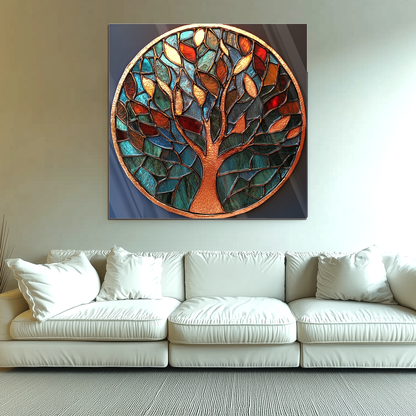 Life of Tree Stained Glass Look One Piece Tempered Glass Kitchen Splashback For Stove Behind, Kitchen Backsplash, Kitchen Backsplash, Wall Art