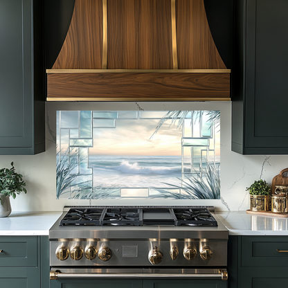 Ocean Landscape Scene Printed Tempered Glass Kitchen Backsplash Splashback Decorative Wall Art Panel for Modern Coastal Home Decor