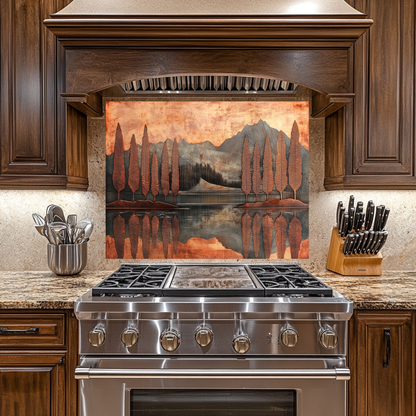 Copper Look Nature Landscape Glass Backsplash • Rustic Wall Art Panel • Mountain River Home Decor • Earthy Decorative Piece