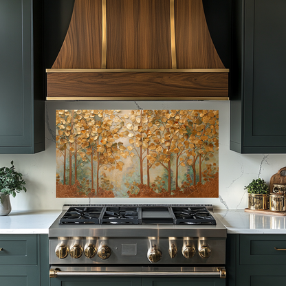 Forest Nature Artwork in Copper Tones Printed Tempered Glass Kitchen Splashback Backsplash Wall Panel for Modern Rustic Decor