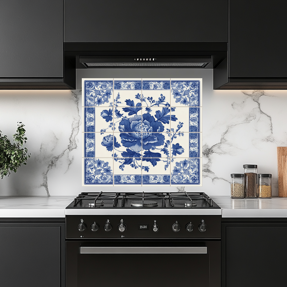 Floral Delft Blue Glass Backsplash, Blue White Dutch Style Wall Art, Custom Printed Glass Panel, Made in USA