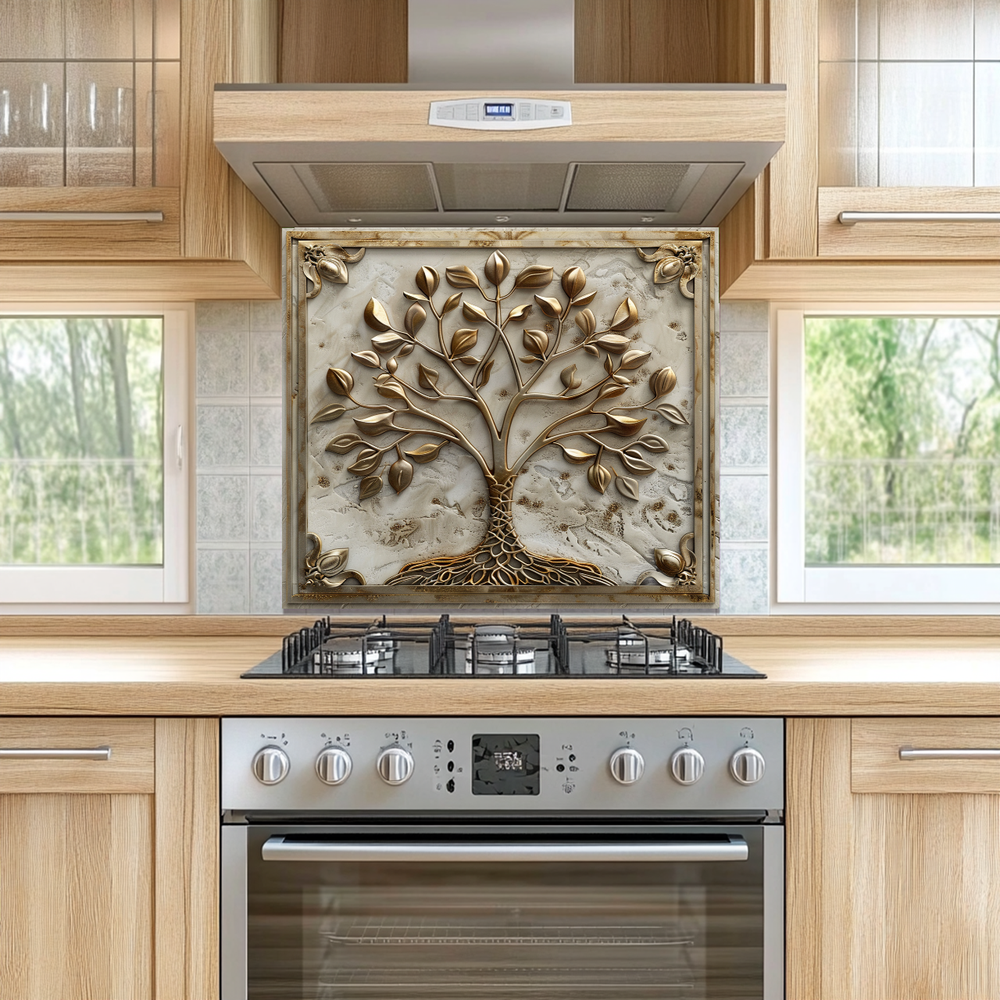 Stone Background Look Golden Tree of Life One Piece Tempered Glass Kitchen Splashback For Stove Behind, Kitchen Backsplash, Kitchen Backsplash, Wall Art
