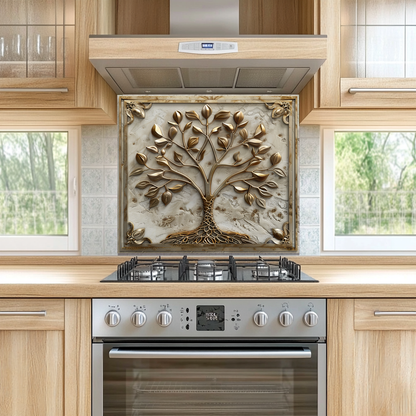 Stone Background Look Golden Tree of Life One Piece Tempered Glass Kitchen Splashback For Stove Behind, Kitchen Backsplash, Kitchen Backsplash, Wall Art
