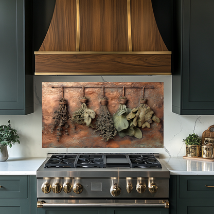 Dried Herbs and Spices Hanging Design Printed Tempered Glass Kitchen Backsplash Splashback Decorative Wall Panel, Modern Rustic Home Decor