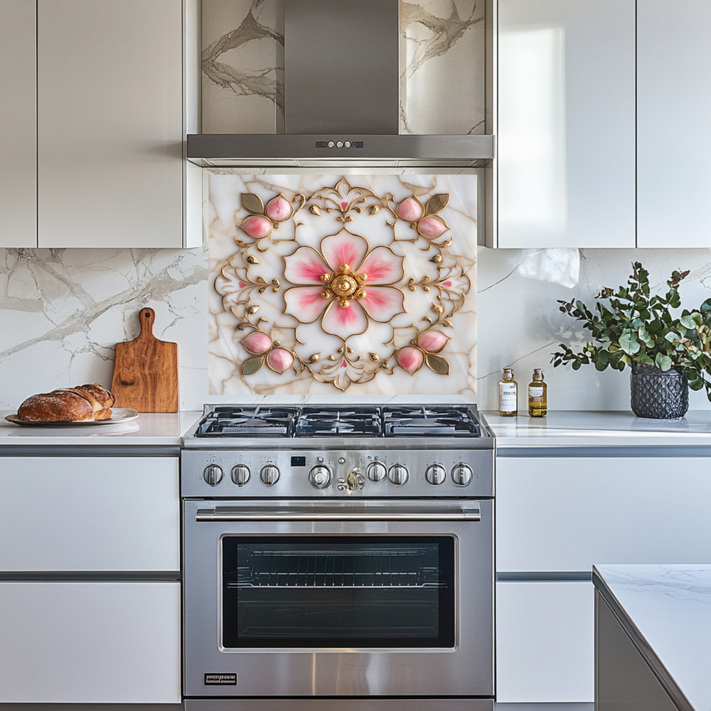Pink&Gold Pattern Marble Look One Piece Tempered Glass Kitchen Splashback For Stove Behind, Kitchen Backsplash, Kitchen Backsplash, Wall Art
